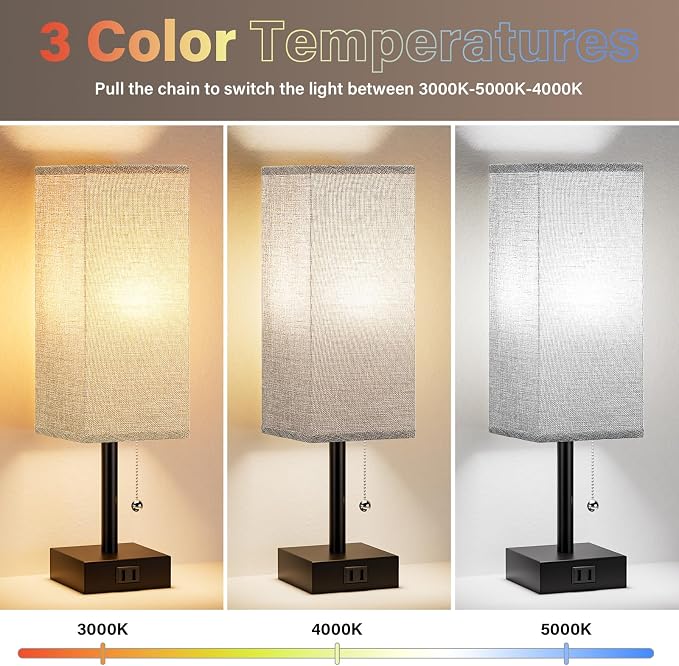 Grey Bedside Lamps for Bedroom Set of 2 - Small Nightstand Lamp with AC Outlet Charging Port, 3 Color Temperatures Rectangular Desk Light with Bulb, Tabletop Reading Lamp for Living Room/Dorm/Office