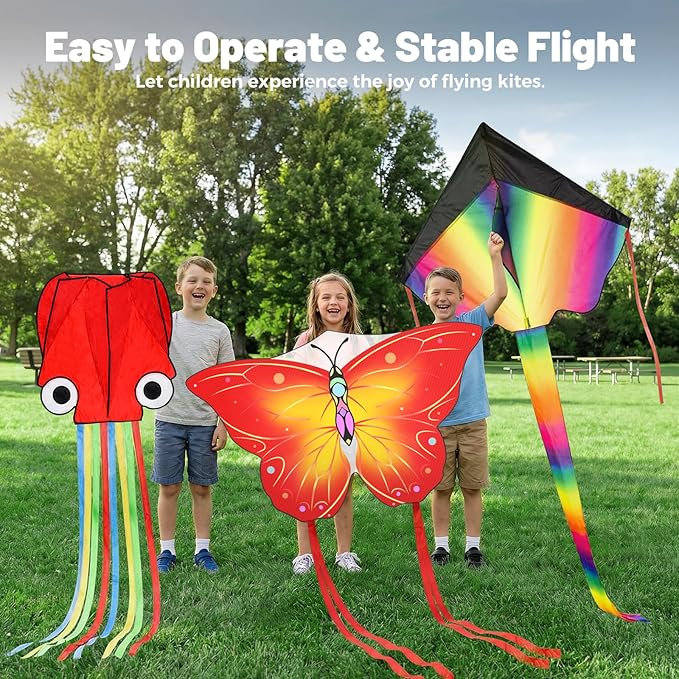 3 Pack Large Kites, Easy to Fly Large Butterfly, Giant Red Octopus & Colorful Delta Kite for Beach Trip - Perfect Kites for Kids Ages 4-8 8-12, Gifts for Easter and Festival