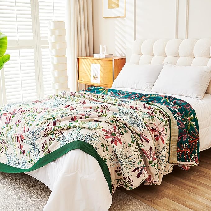VANJOROY Boho Throw Blanket, 100% Organic Cotton Breathable Ultra Soft 91" x 98" Bed Quilt Throw - All Season Floral Rustic Farmhouse Decor Luxury Reversible Blanket for Sofa Couch Chair and Gift