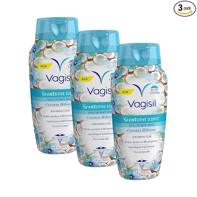 Vagisil Feminine Wash for Intimate Area Hygiene, Scentsitive Scents, pH Balanced and Gynecologist Tested, Coconut Hibiscus, 12 oz (Pack of 3)