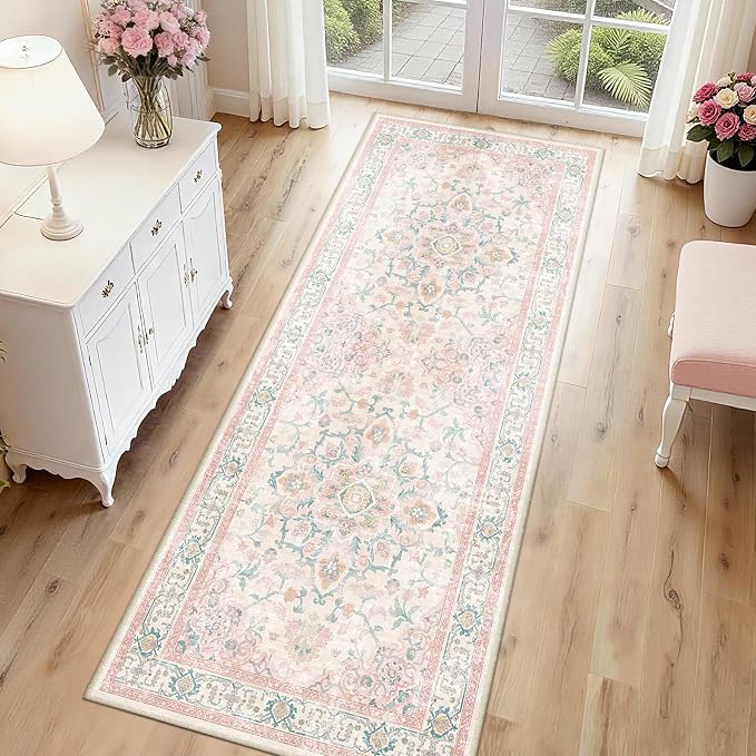 CAPALOCA Runner 2x6 Washable Nursery Girls Low Pile Area Rug Pink Teal | Non-Slip Soft Rugs for Bedroom Kids Playroom Living Room, Print Pattern Water Repellent Carpet Indoor Decor