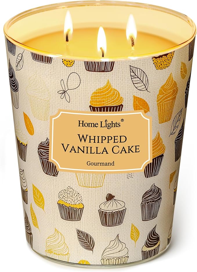 HomeLights Soy Wax Candles for Home Scented, 3-Wick Candles in Whipped Vanilla Cake Scented, Rustic Modern Aromatherapy Candles Gift for Parties, Relaxing, 34oz