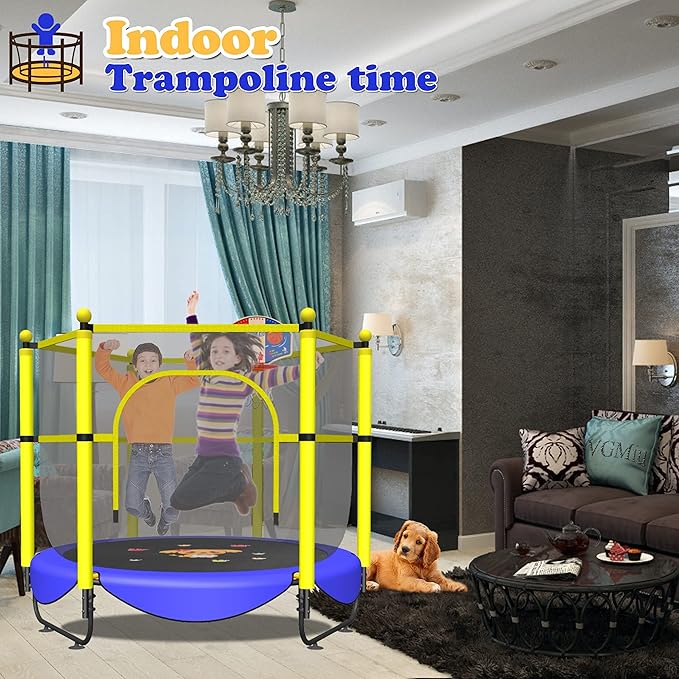 VGMiu 60" Trampoline for Kids, 5 FT Indoor & Outdoor Toddler Baby Trampoline with Basketball Hoop, Safety Enclosure, Birthday Gifts for Kids, Gifts for Boy and Girl, Age 3-8