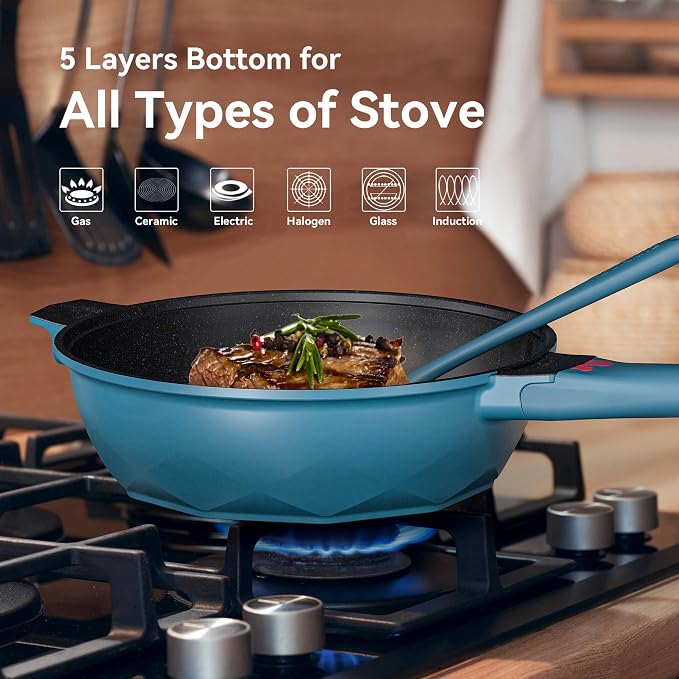 TIBORANG 11 Inch Nonstick Frying Pan with Lid,8-in-1 Multipurpose Cookware | 5 Qt Deep Sauté Pan Skillet with Steamer, PFOA-Free, Dishwasher & Oven Safe, Induction Compatible, Stay-Cool Handle,Dark Teal