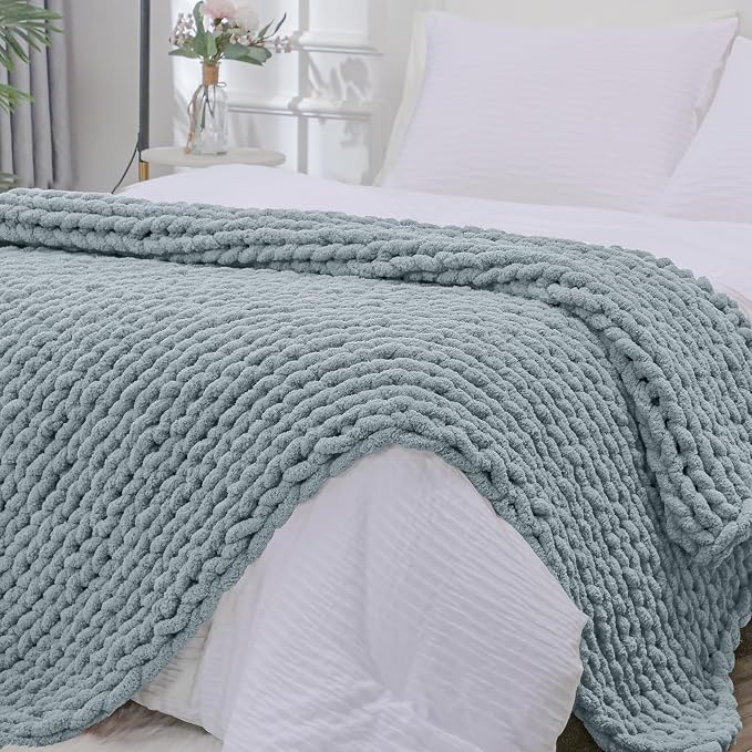 Bigacogo Chunky Knit Throw Blanket for Couch, 51x63 inches, Dusty Blue | Hand Knit with Jumbo Chenille, Soft Breathable Cable Knit for Sofa Bed Living Room, Machine Washable, Gift for Mom Friend