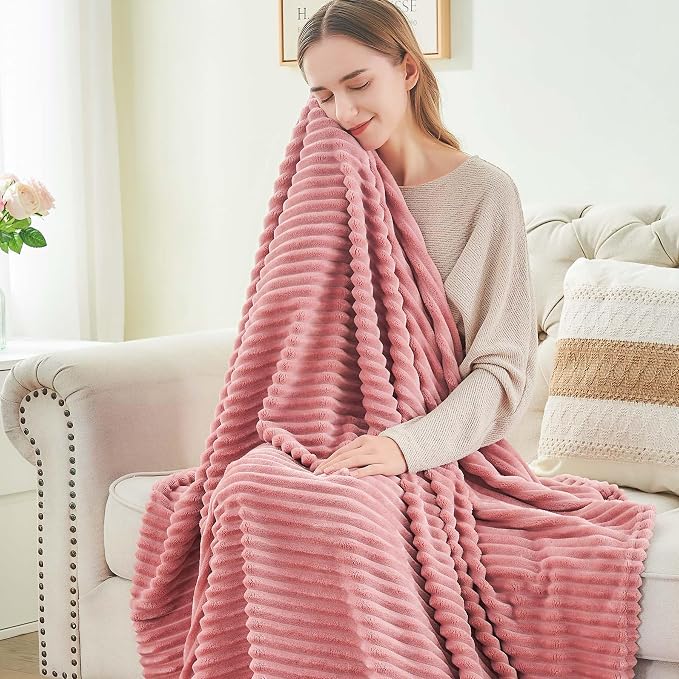 BEDELITE 3D Ribbed Jacquard Pink Fleece Twin Blanket for Bed, 60x80 Inch | Soft Warm Decorative Fluffy Blanket, Cozy Plush Lightweight Fuzzy Throw Blanket for Couch Sofa Room Decor, Gift for Women