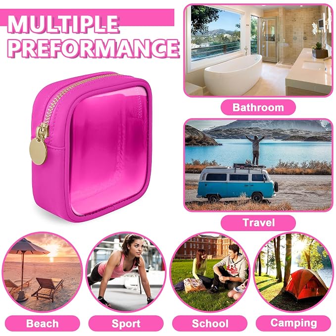 UIXIZQ Clear Mini Makeup Bag, Small Nylon&PVC Cosmetic Travel Bag TSA Approved Toiletry Bag with Zipper, Preppy Transparent Coin Purse for Women Men Girls(Mini-Hot Pink)