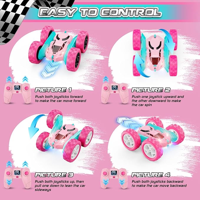 cosone Remote Control Car Pink RC Cars for Girls, RC Stunt Cars with 4WD Double-Sided Driving 360° Flips Rotating, Outdoor Toys for Kids Age 6 7 8 Valentines Day Gifts Birthday Gifts