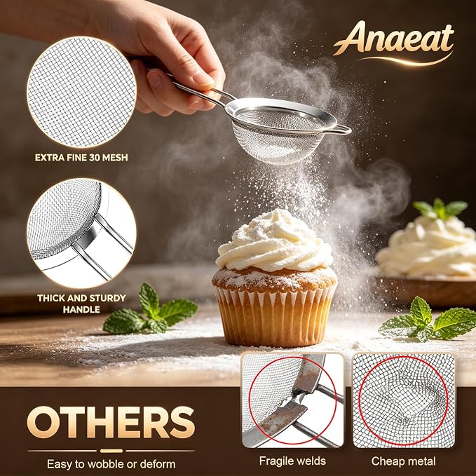 Anaeat Fine Mesh Strainers - Premium Stainless Steel Colander Sieve Sifters, with Durable Mesh and Sturdy Handle, Excellent for Sifting Dry ingredients, Flour, Pastas, Rice, Tea (3.94"）