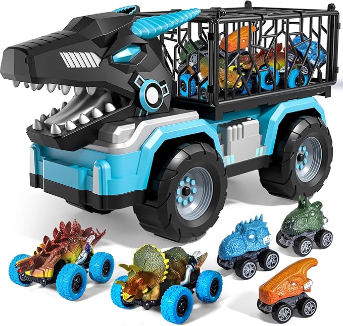 Toddler Robot Dinosaur Truck Toys for Kids Boys Ages 3-5 5-7, Black Carrier Dinosaur Truck with 5 Pull Back Dino Cars, 3 4 5 6 7 Years Old Boys Girls Birthday