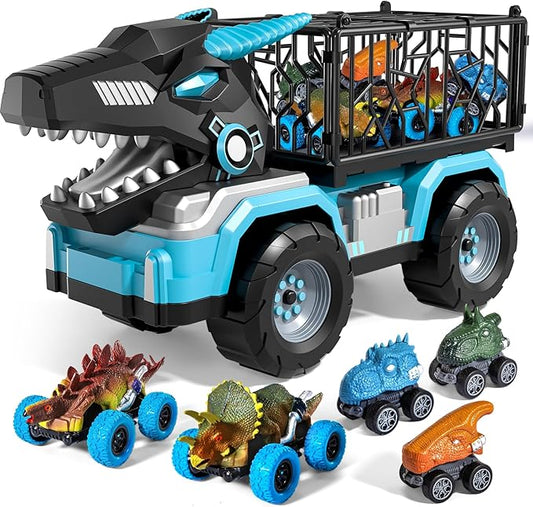 Toddler Robot Dinosaur Truck Toys for Kids Boys Ages 3-5 5-7, Black Carrier Dinosaur Truck with 5 Pull Back Dino Cars, 3 4 5 6 7 Years Old Boys Girls Birthday