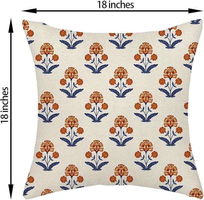 Orange Navy Blue Floral Pillow Covers 18x18 Set of 2, Vintage Block Print Flower Decorative Throw Pillows Modern Rustic Cushion Covers for Sofa Couch Bed Living Room Home Decor for Couch Sofa