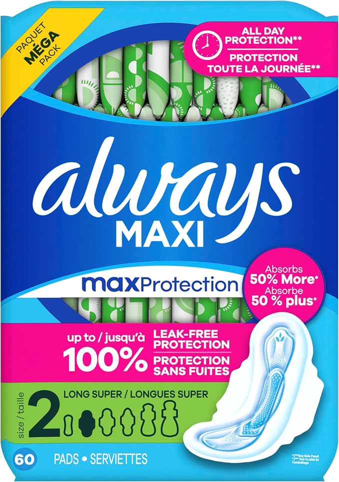 Always Maxi Feminine Pads with Wings for Women, Size 2, Long Super Absorbency, Unscented 60 Count