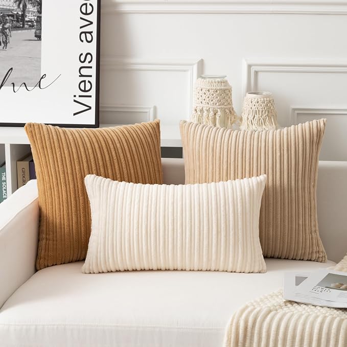 UGASA Velvet 26x26 Inch Soft Throw Pillow Cover Decorative Corduroy Striped Both Sides Solid Square Cushion Case Boho Farmhouse for Couch Bedroom Sofa Home, 1 Piece, Beige