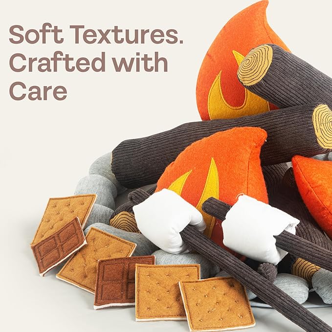Pretend Campfire Set for Kids with S'Mores Kit & Wood Log Pillow - Soft, Safe & Durable Toy Campfire for Pretend Play & Sensory Play - Giftable Plush Felt Kids Campfire Playset for Ages 3+
