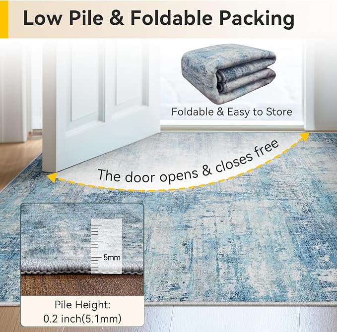 RELEANY Washable 5'x7' Abstract Area Rug for Living Room Teal Blue | carpet for bedroom, kitchen, office, hallway and entryway, printed pattern, non-slip, soft, stain-resistant, easy to clean