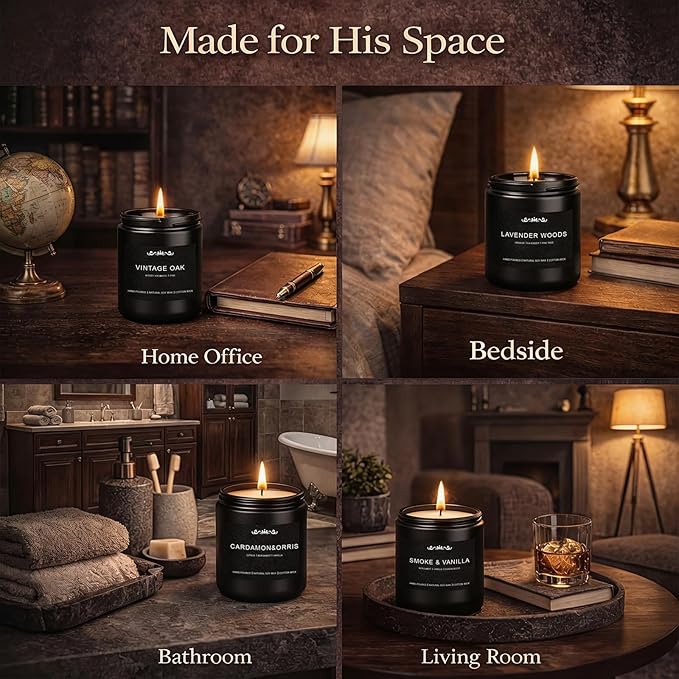 Candles for Men, 6 Pack Soy Wax Gift Set, 300H Long Lasting Home Fragrance with Masculine Scents, Gift for Dad, Husband or Boyfriend