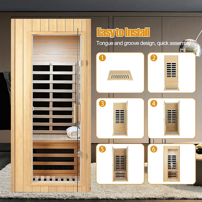Far Infrared Sauna 1 Person Infrared Sauna Room Canadian Hemlock Wooden Sauna for Home, 1300W Low-EMF Indoor Saunas with Control Panel, Bluetooth Speakers, LED Reading Lamp, Tempered Glass Door