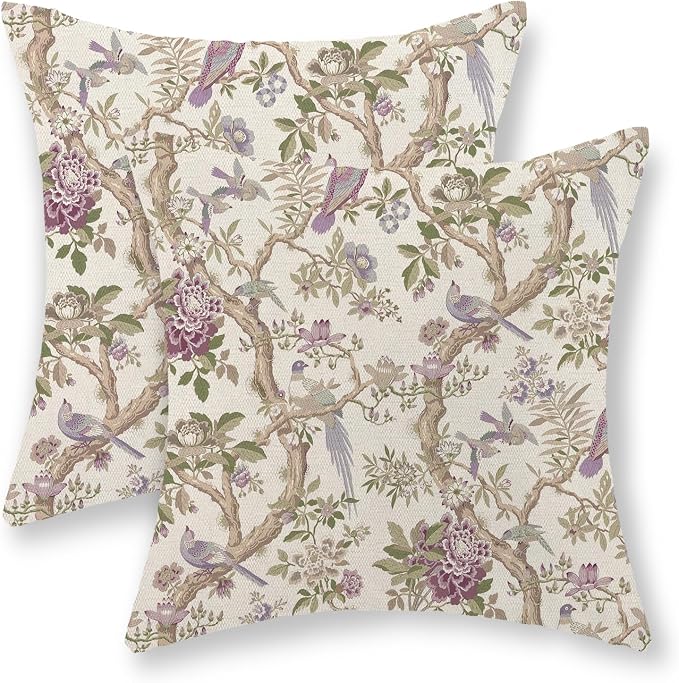 Chinoiserie Pillow Covers 24x24 Set of 2 Purple Green Floral Bird Throw Pillows Vintage Flowers Bird Decorative Pillow Cases Outdoor Chinoiserie Decor Farmhouse Cushion Case for Couch Sofa