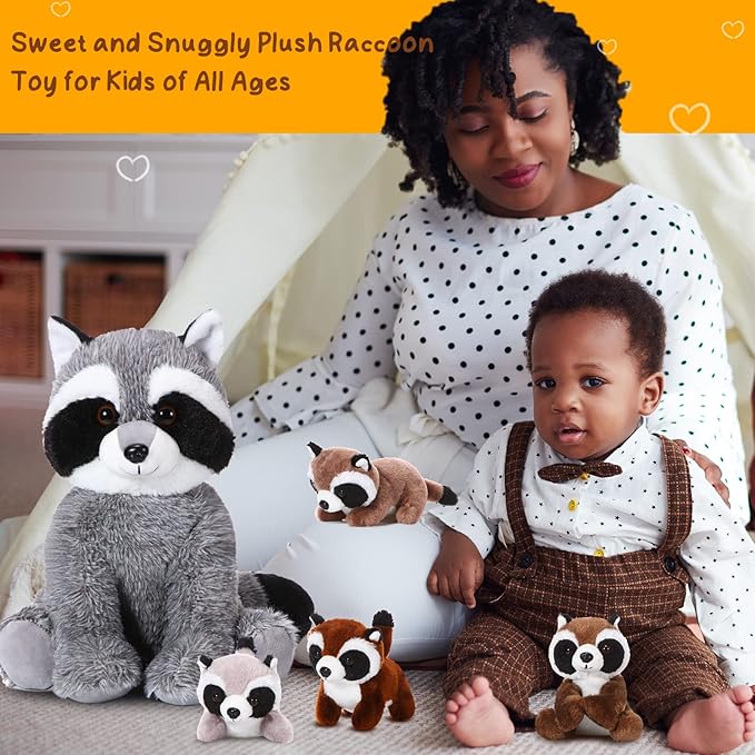 5 Pcs Raccoon Stuffed Animal Set Adorable Mommy Raccoon Plush with 4 Cute Babies in Tummy Soft Cuddly Plushie for Birthday Woodland Party Decor(Cute Style)