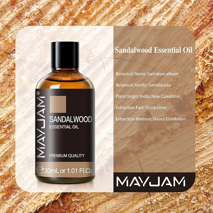Sandalwood Essential Oil 1.01FL.OZ, MAYJAM Premium Aromatherapy Sandalwood Oil for Diffuser, Candle Making, Home Office Car Yoga Use, 30ML/Bottle