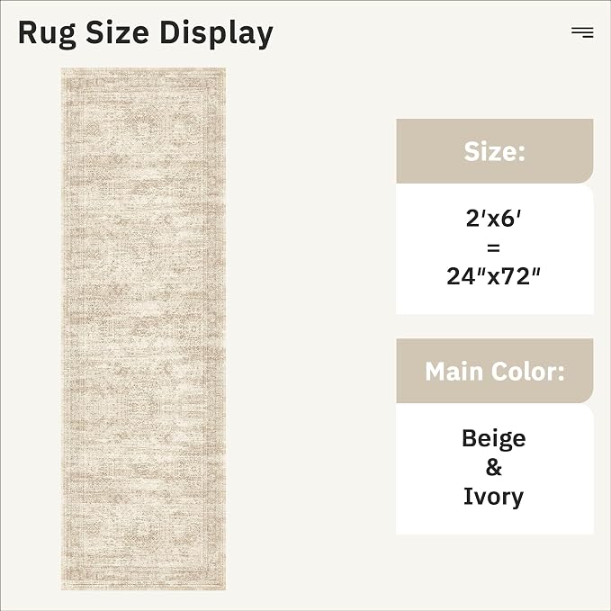 Soalmost Runner Rug 2x6 Washable Kitchen Hallway Runners Non-Slip Beige | Soft Low-Pile Rugs for Entry Bathroom Laundry Room, Vintage Foldable Floor Carpet Mat Entryway for Corridor Bedroom