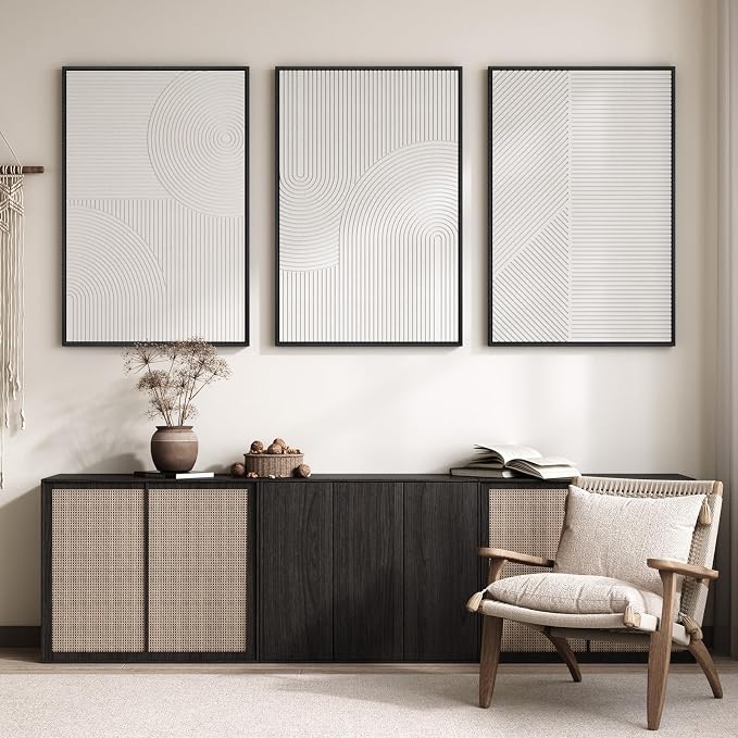 Large Framed 3D Textured Abstract Wall Art for Living Room, 3 Piece Modern White Geometric Pictures Wall Decor, Minimalist Line Paintings for Bedroom Dining Room Hallway Office 24x36 In