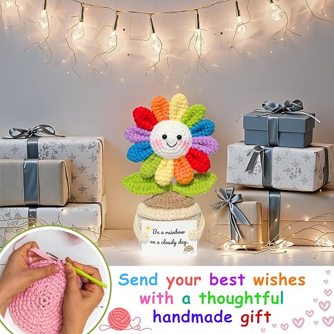 Emotional Support Crochet Flower in Rainbow Colors with Encouragement Card – Handmade Plush Decoration Gift for Desk, Office, Home – Thoughtful Gift for Women, Friends, Coworkers