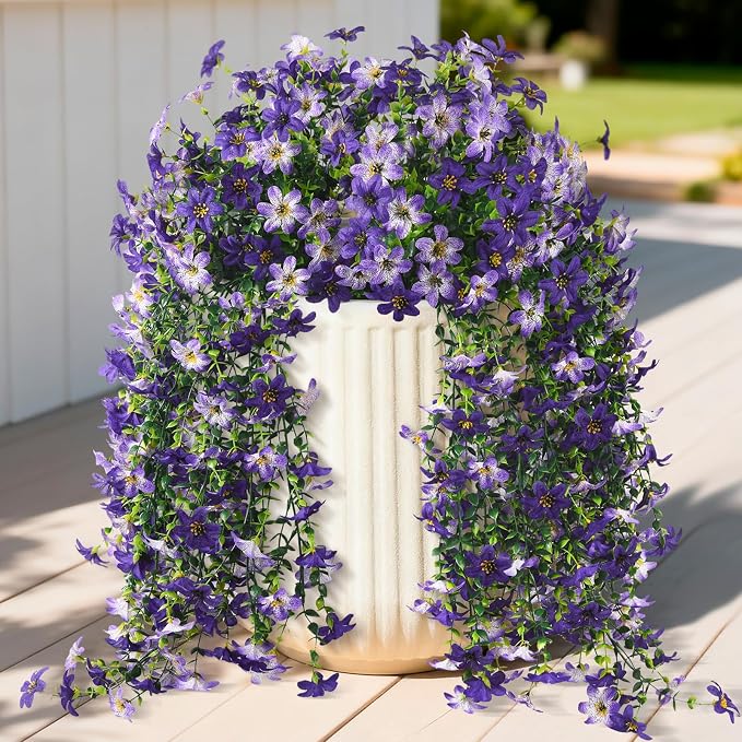 Artificial Fake Hanging Flowers Plants for Outdoor Spring Summer Decoration | 2 PCS Faux Silk Daisy with Eucalyptus Leaves,UV Resistant Look Real for Outside Home Planter Porch Patio Balcony Yard Decor