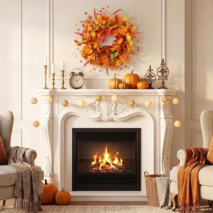 20" Fall Wreath Front Door Artificial Daisy Wall Decor Farmhouse Autumn Wreath Thanksgiving Home Porch Outdoor Indoor Holiday Harvest Decor