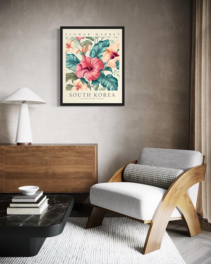 South Korea Flower Market Art Print Poster, Wall Art Floral Painting Botanical Decor for Bedroom, Kitchen, Bathroom Livingroom Decoration 82B (South Korea, 24"L x 18"W, Black Frame)