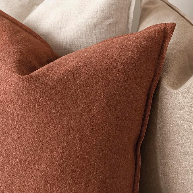 Foindtower Pack of 2, Decorative Linen Solid Throw Pillow Covers Soft Accent Cushion Case Farmhouse Neutral Pillowcase for Chair Couch Sofa Bedroom Living Room Home Decor 22 x 22 Inch Fall Rust Orange