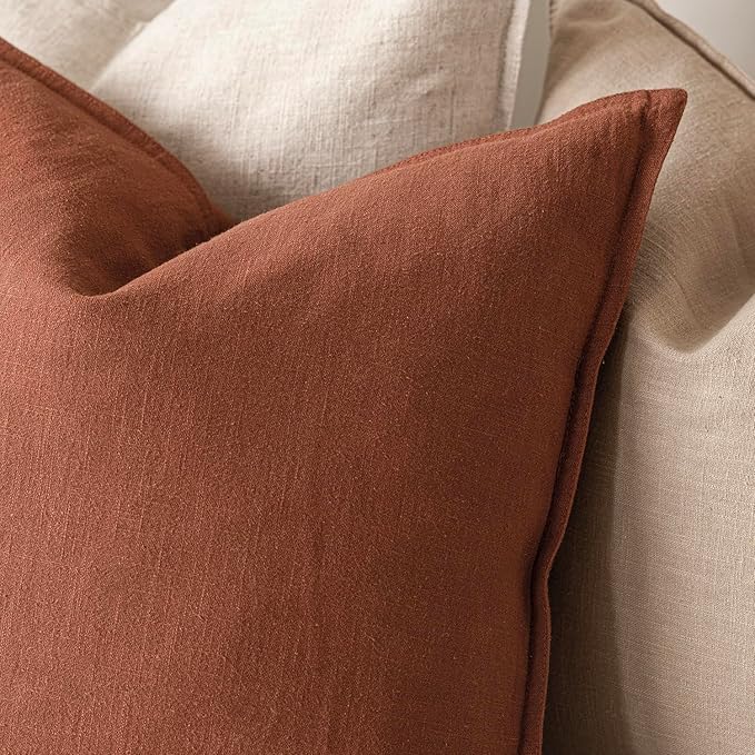 Foindtower Pack of 2, Decorative Linen Solid Throw Pillow Covers Soft Accent Cushion Case Farmhouse Neutral Pillowcase for Chair Couch Sofa Bedroom Living Room Home Decor 18 x 18 Inch Fall Rust Orange