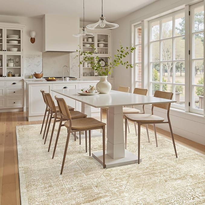 Soalmost 5x7 Area Rugs Beige/Ivory Washable Trendy Faded Style Floral Rugs | Vintage Non-Slip Indoor Accent for Bedroom Dining, Foldable Stain Resistant Floor Carpet Mat Under Table Home Office Decor