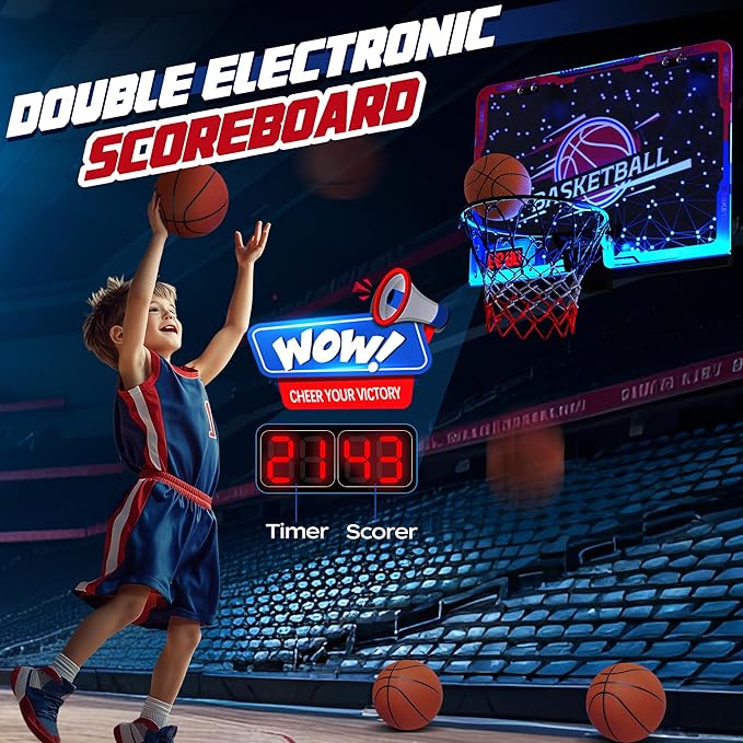 Mini Indoor Basketball Hoop with 7-Color Lights & 3-Light Effects & Scoreboard & Timer,Over The Door Bedroom Office Basketball Hoop for 5-7 8-12+ Year Old Kids Boys Birthday
