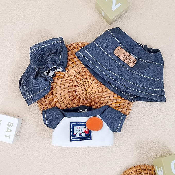 Doll Clothes for 17cm Dolls, Cute Outfit Set with Accessories, Bucket Hat and Overalls (No Doll) (Grey Overalls Set)