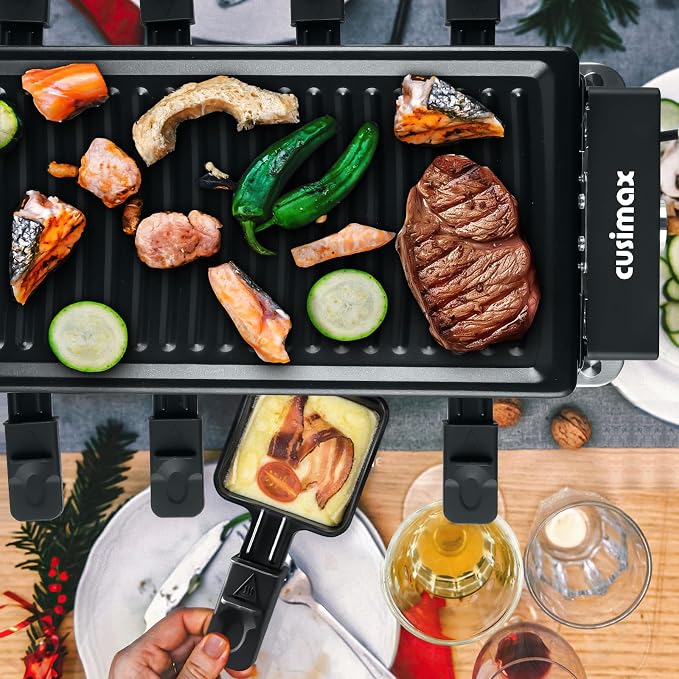 CUSIMAX Raclette Grill Korean BBQ Grill, Portable Raclette Table Grill Electric Grill with Non-stick Plate, Adjustable Temperature Control, Indoor Grill with Cool Touch Handles, 8 Cheese Trays for Fun