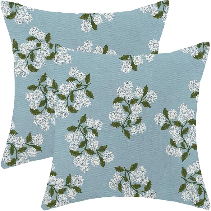AEIOAE Spring Pillow Covers 18x18 Inch Set of 2, Baby Blue Green Hydrangea Flower Throw Pillows Case,Floral Summer Outdoor Seasonal Decorative Farmhouse Decor Cushion Covers for Home Sofa Bed Couch