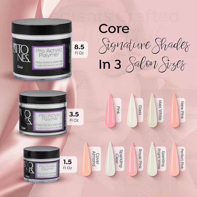 Tones Pro Acrylic Nail Powder, Sparkling Clear (Clear with Sparkles), (1.5 Fl Oz) - Long-Lasting & Non-Yellowing Polymer for Salon Quality Nail Extensions & 3D Art