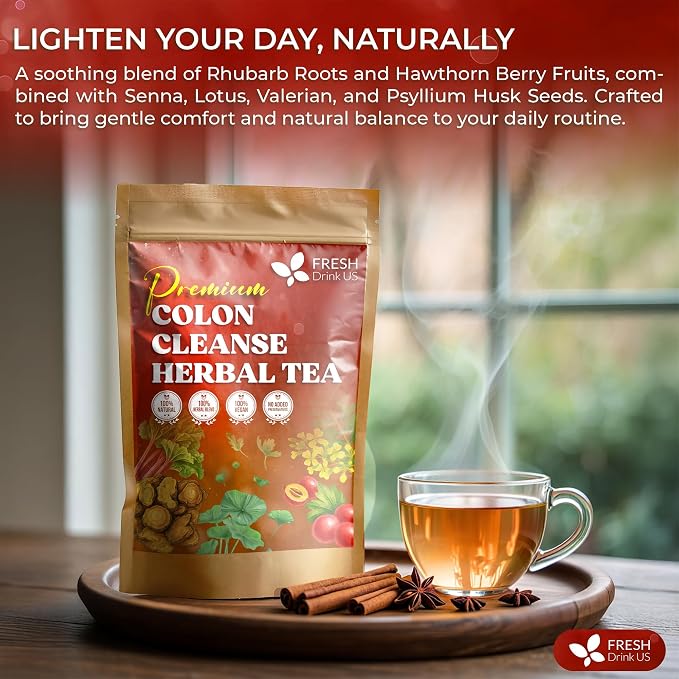 FreshDrinkUS, Premium Colon Cleanse Tea – 60 Tea Bags – Rhubarb Root & Hawthorn Berry with Senna, Lotus Leaf, Valerian Root & Psyllium Husk – Herbal Blend, Caffeine-Free. Vegan