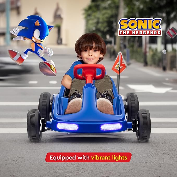 Sonic The Hedgehog 6V Electric Go Kart for Kids, Electric Ride-On Toy with Lights, MP3 Jack, Remote Control, Seat Belt, Ages 3-6, Durable PVC and Iron Construction, Rechargeable Battery