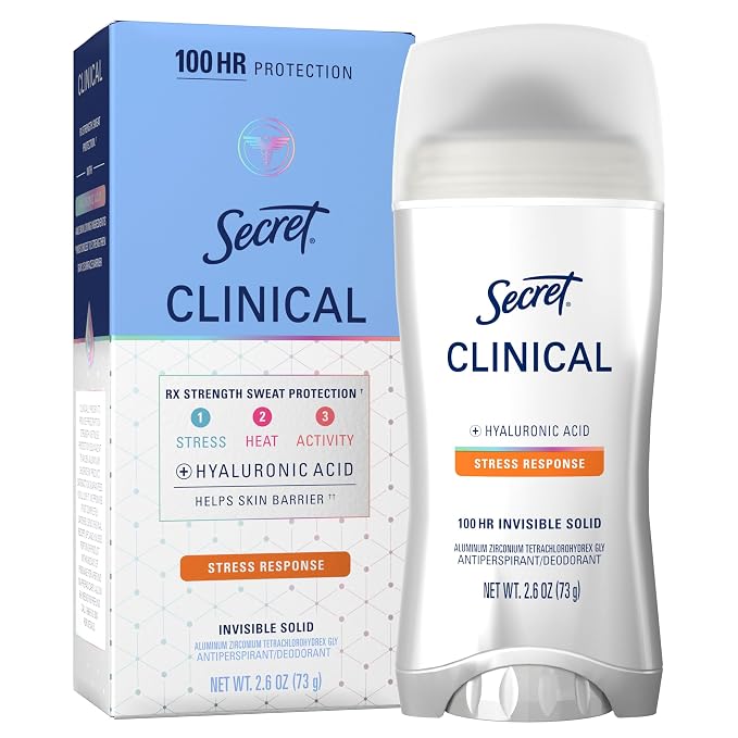 Secret Clinical Strength Antiperspirant Deodorant for Women, 100hr Sweat & Odor Protection, Stress Response, 3X Stress Protection with Hyaluronic Acid, PH Balancing Minerals, Invisible Solid, 2.6 oz