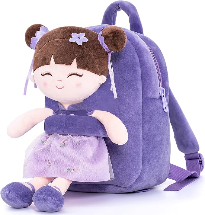 Gloveleya Back to School Gifts for Girls Kids Backpack Toddler Backpack Soft Plush Asian Girl Doll Backpacks Purple 9"