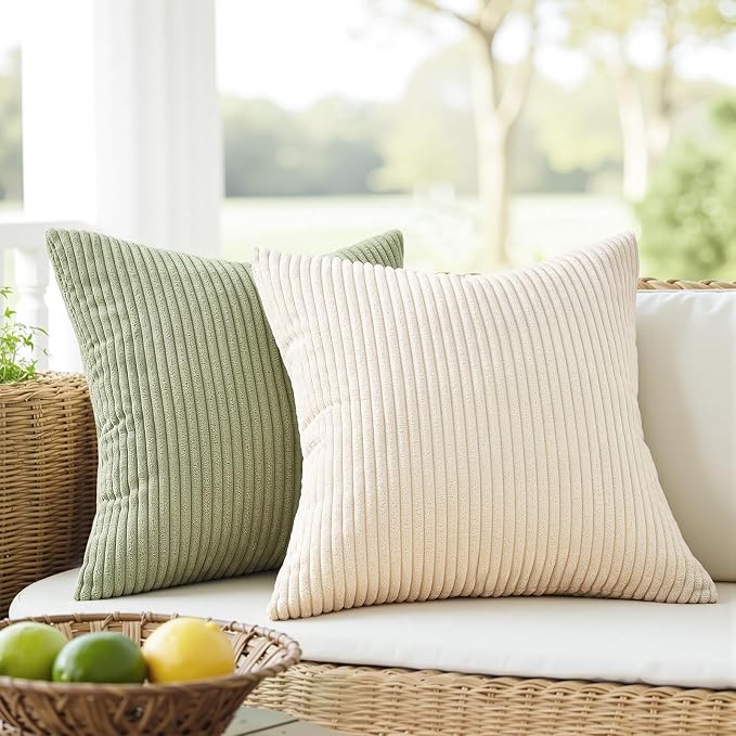 Topfinel Green White Spring Pillow Covers 22x22 Inch Set of 4 Boho Nordic Cushion Covers Soft Corduroy Home Decor for Couch Bed Sofa Living Room