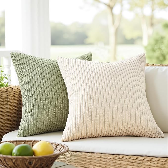 Topfinel Boho Farmhouse Green White Throw Pillow Covers 16x16 Inch Set of 4 Mordern Nordic Cushion Covers Soft Corduroy Spring Home Decor for Couch Bed Sofa Living Room Forest Green