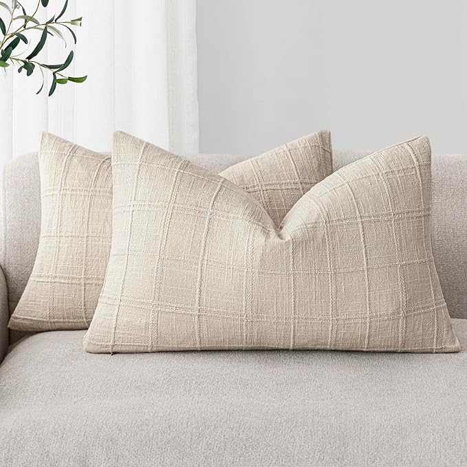 Foindtower Set of 2 Decorative Linen Check Throw Pillow Covers Neutral Farmhouse Lumbar Cushion Covers Modern Boho Home Decor for Sofa Chair Couch Bedroom Living Room,12×20 Inch,Natural Beige