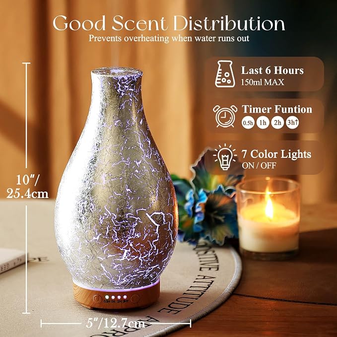 Porseme 100ml Silver-Plated Volcano Essential Oil Diffuser 3D Glass - Elegant and Effective Aromatherapy with 7 Color Changing LEDs and Waterless Auto-Off BPA Free for Home Yoga Leisure SPA Gift