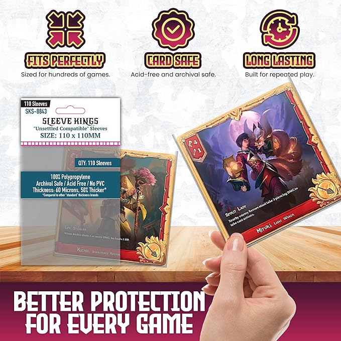Sleeve Kings Unsettled Compatible Card Sleeves – 110 Pack, 110 x 110 mm, Extra Clear 60 Micron Polypropylene, Acid-Free, PVC-Free, Card Protection for Board Games – SKS-8843