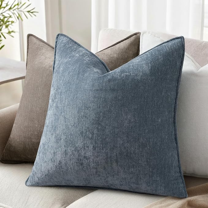 decorUhome Chenille Haze Blue Velvet Throw Pillow Covers 18x18 Set of 2 | Fall Soft Couch Decorative Modern Farmhouse Pillow Cases with Elegant Design for Sofa Bed Living Room Home Decor