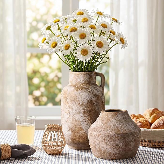 Ceramic Flower Vase, 9.3in Farmhouse Table Rustic Vases, Small Flower Terracotta Vases for Home Decor, Living Room,Table, Handcrafted (Terracotta)